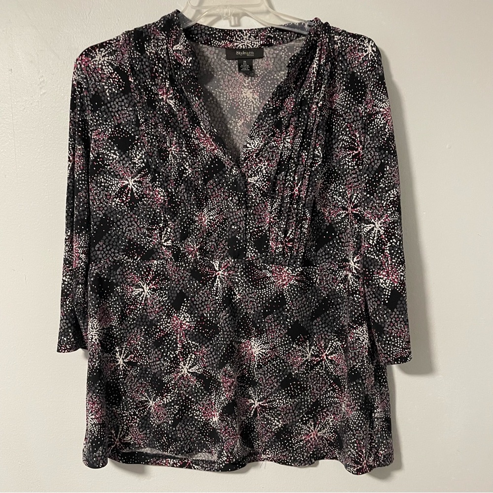 Style &‎ Co. Black Pink Pintucked 3/4 Sleeve Popover Button Front Top Blouse 2X